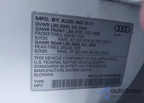 2021 Audi Q7 Premium Plus 45 Tfsi Quattro Tiptronic from USA, damaged, VIN WA1LJAF70MD039295